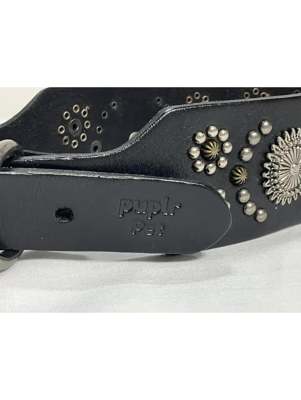 Puplr Pet Black Leather Studded Dog Collar Adjustable Wide Silver Studs Style
